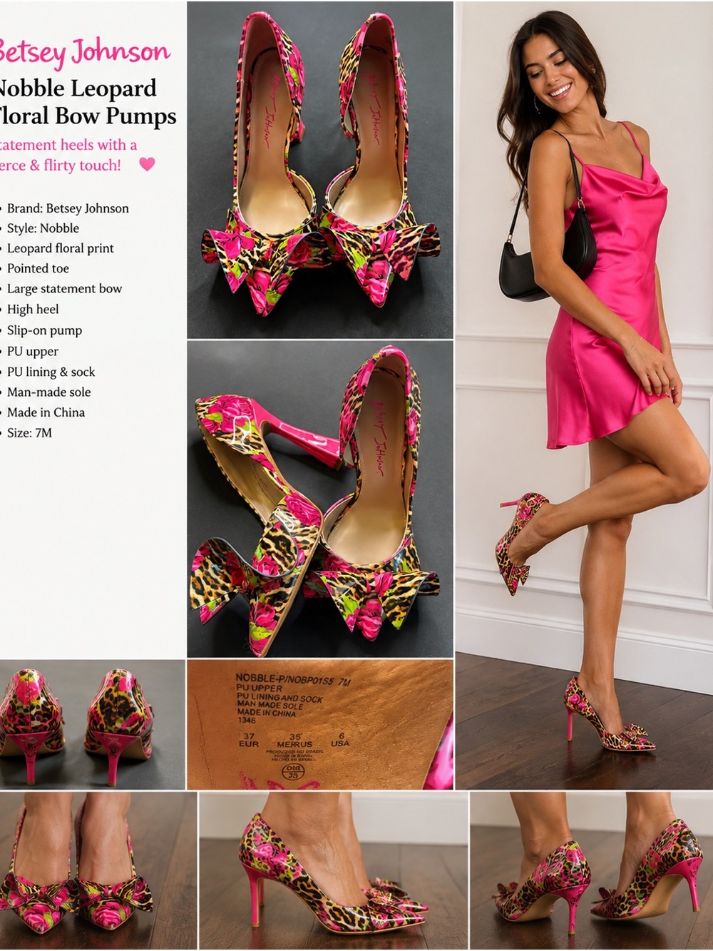 Betsey Johnson Nobble Leopard Floral Bow Pumps - Pink Leopard size 7